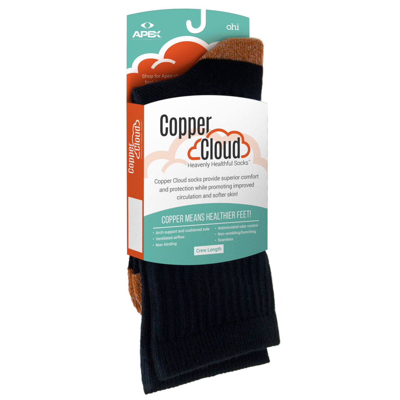 Non-Binding Copper Cloud Diabetic Socks - Crew Length Unisex  Black (3 pk)